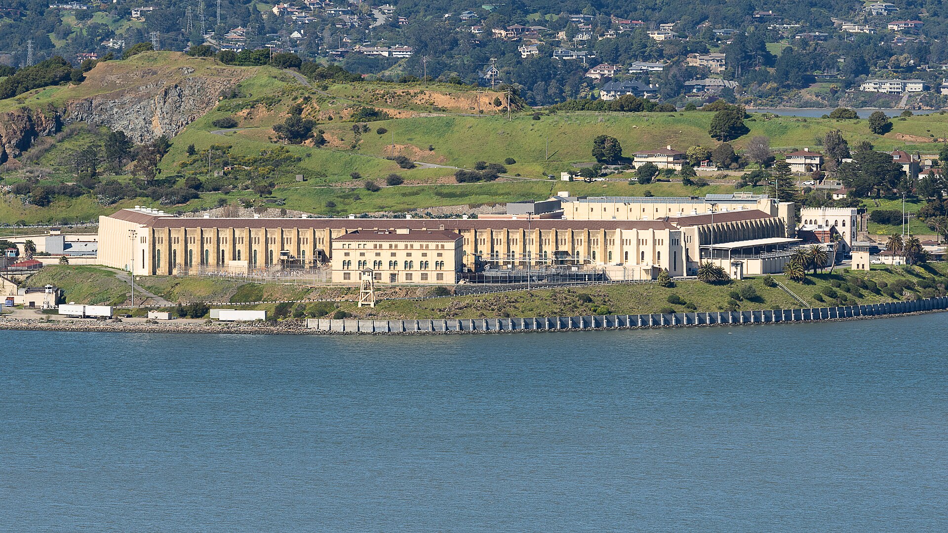 San Quentin state prison buildings on the shore of San Francisco Bay in Marin County, California