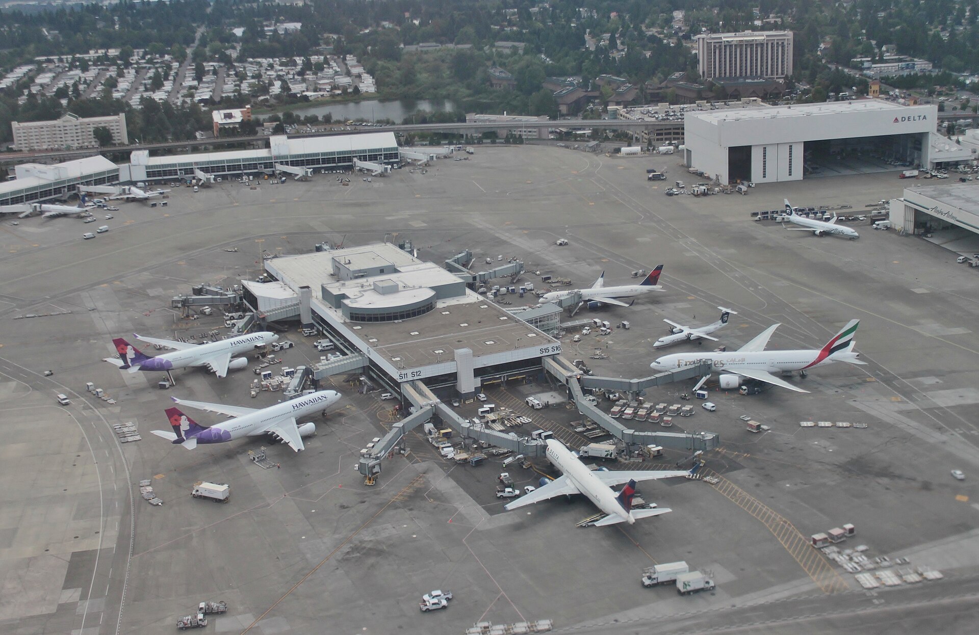 Aerial view of Seattle-Tacoma International Airport showing the South Satellite concourse