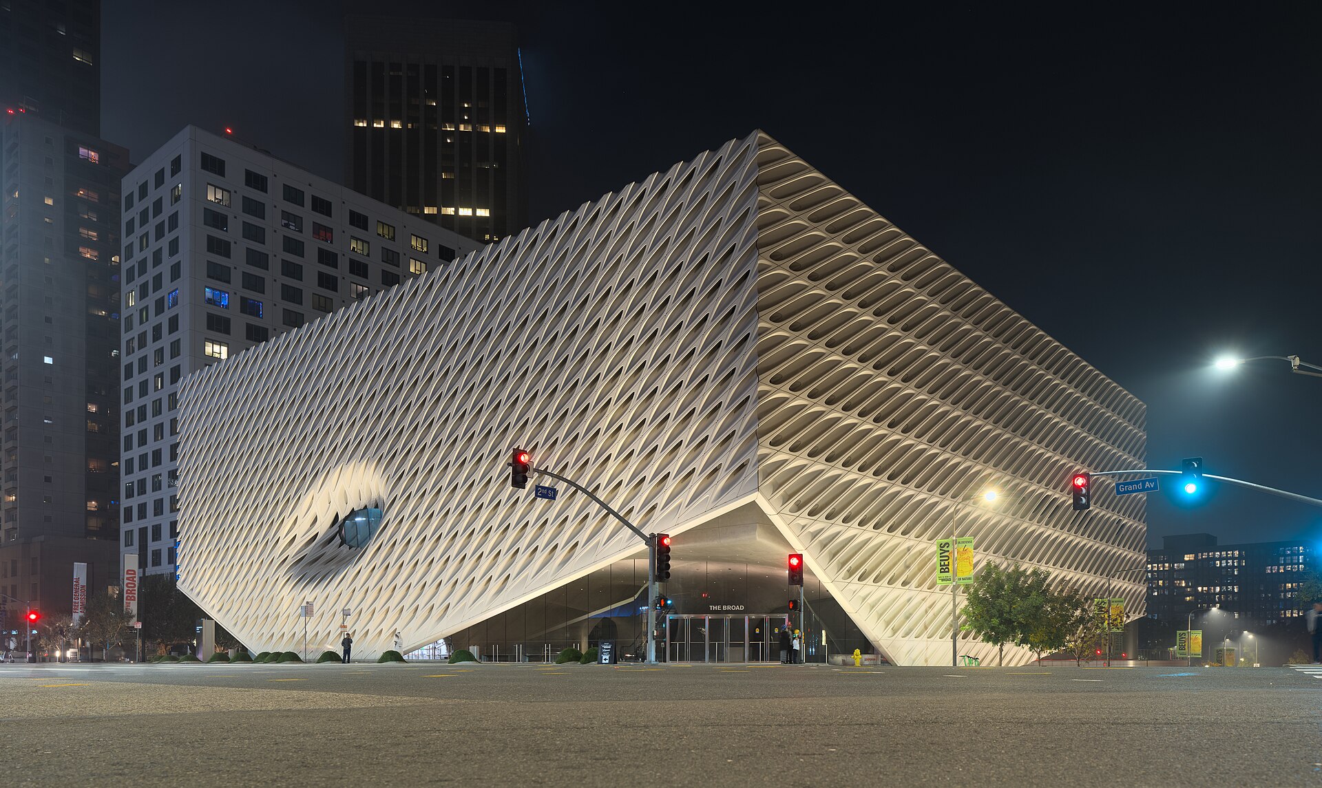 The Broad museum on Grand Avenue in downtown Los Angeles at night