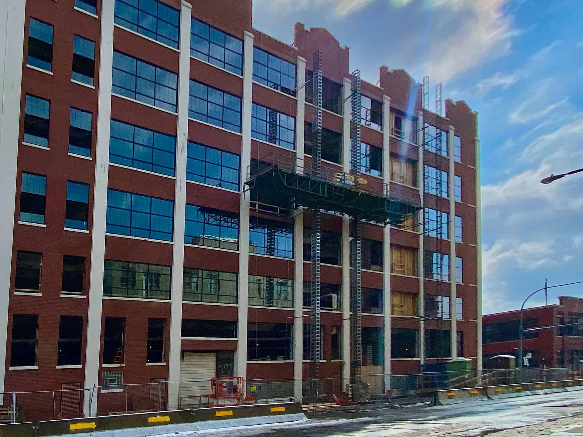 New windows being installed on the former Trico Plant No. 1 in Buffalo, New York during its conversion to apartments