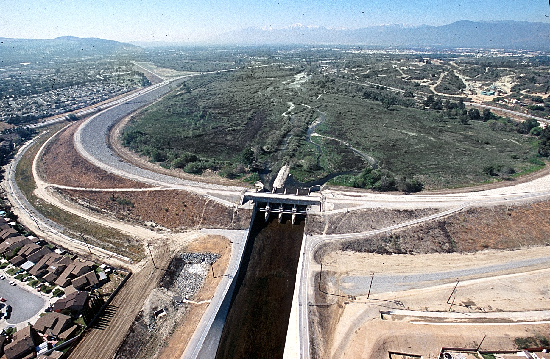Aerial view of Whittier Narrows Dam and its flood control basin in Los Angeles County