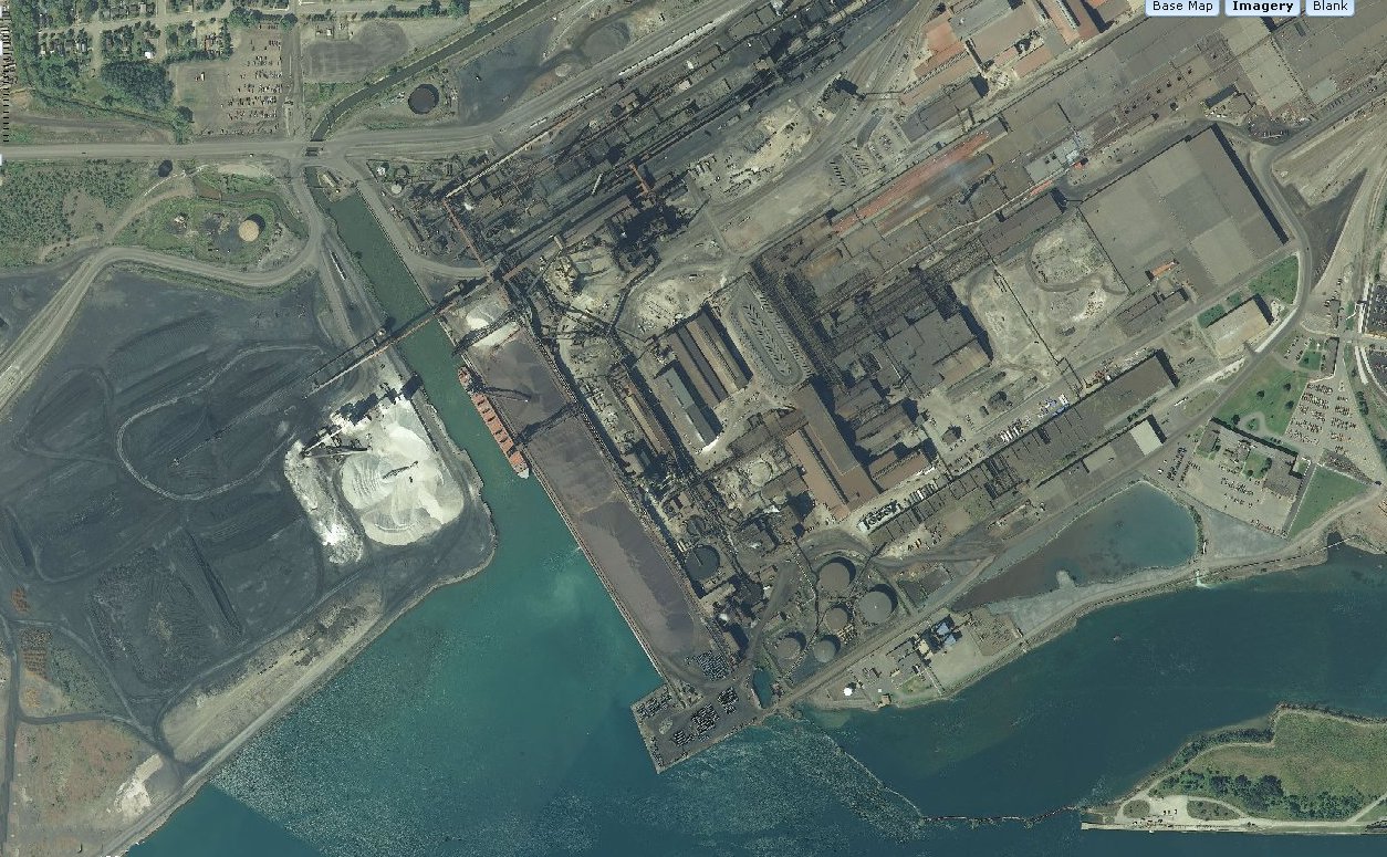 Aerial view of the Algoma Steel works on the St. Marys River at Sault Ste. Marie, Ontario