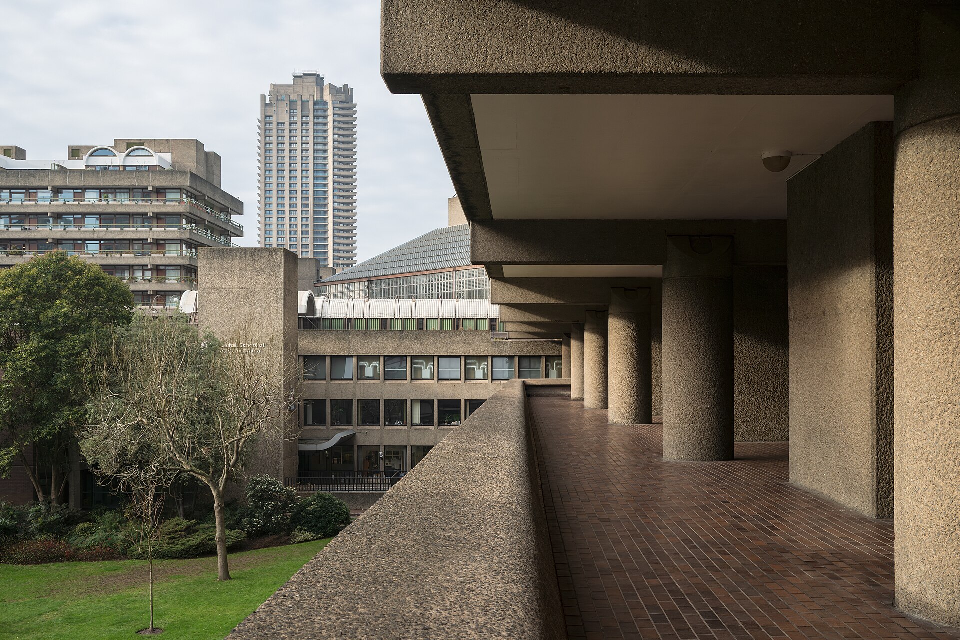 The Barbican Estate in the City of London, with Cromwell Tower and the Guildhall School of Music and Drama