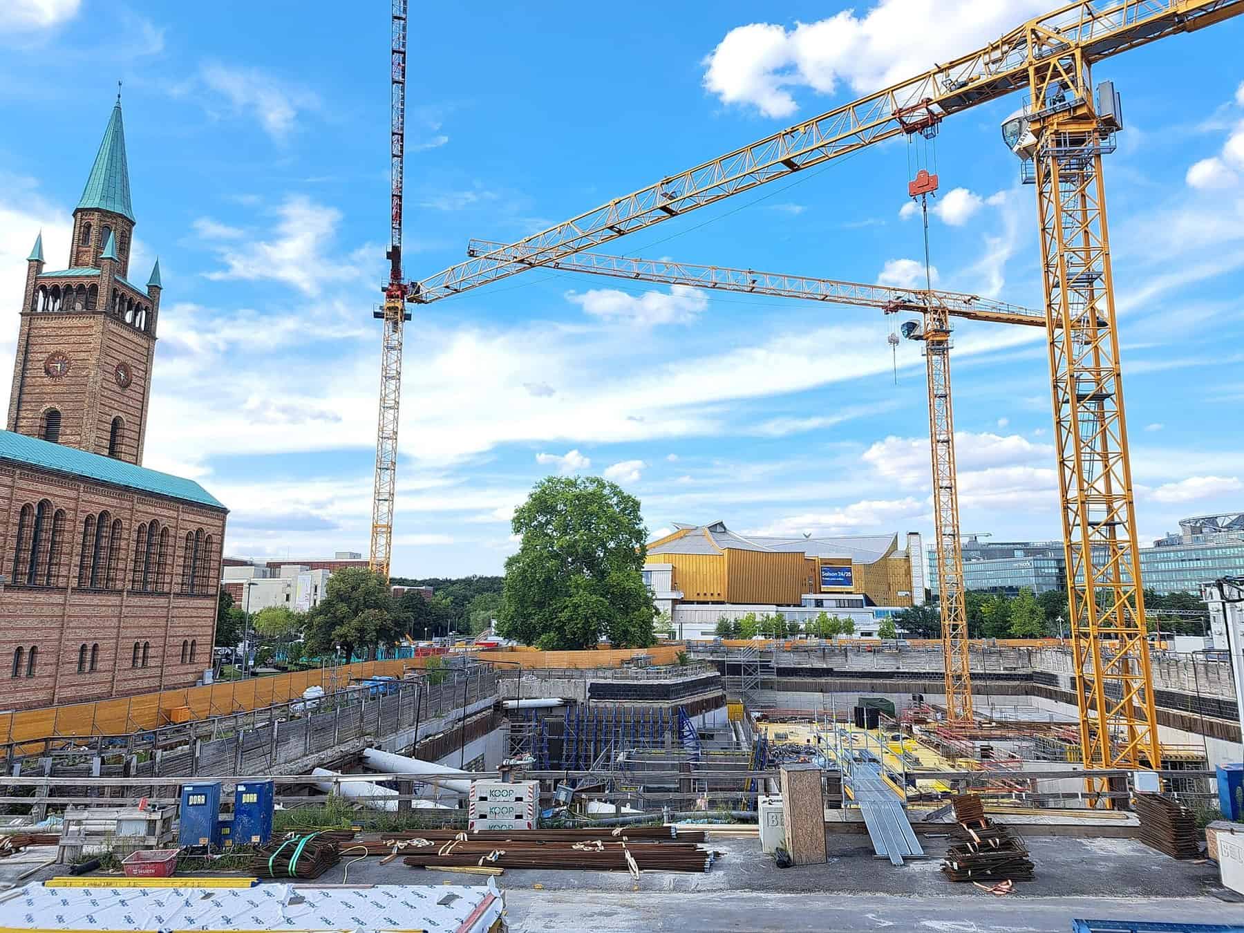 Cranes over the Berlin Modern excavation at the Kulturforum beside St. Matthaus-Kirche