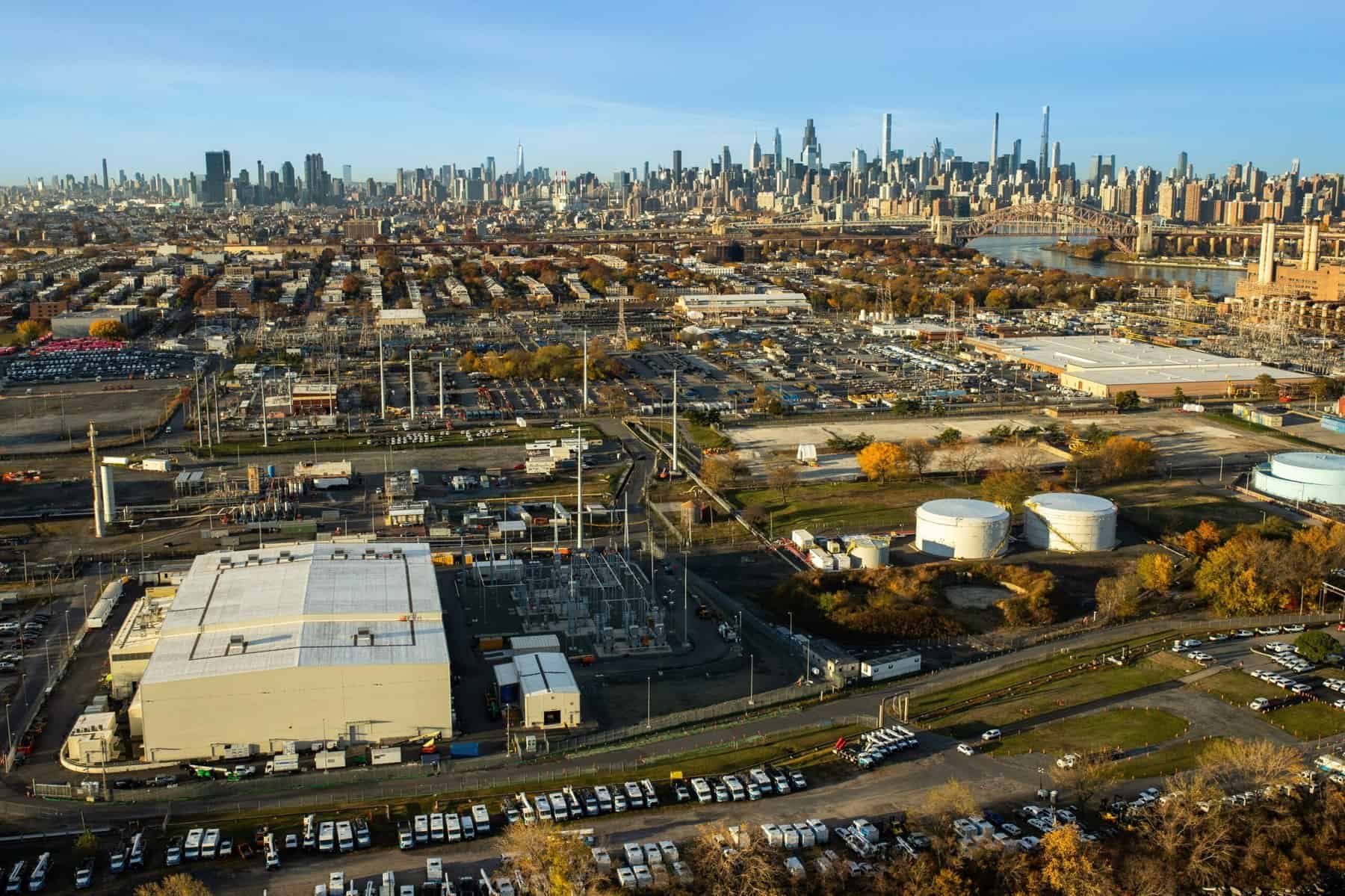 Aerial view of the Astoria energy campus in Queens where the Champlain Hudson Power Express converter station was built
