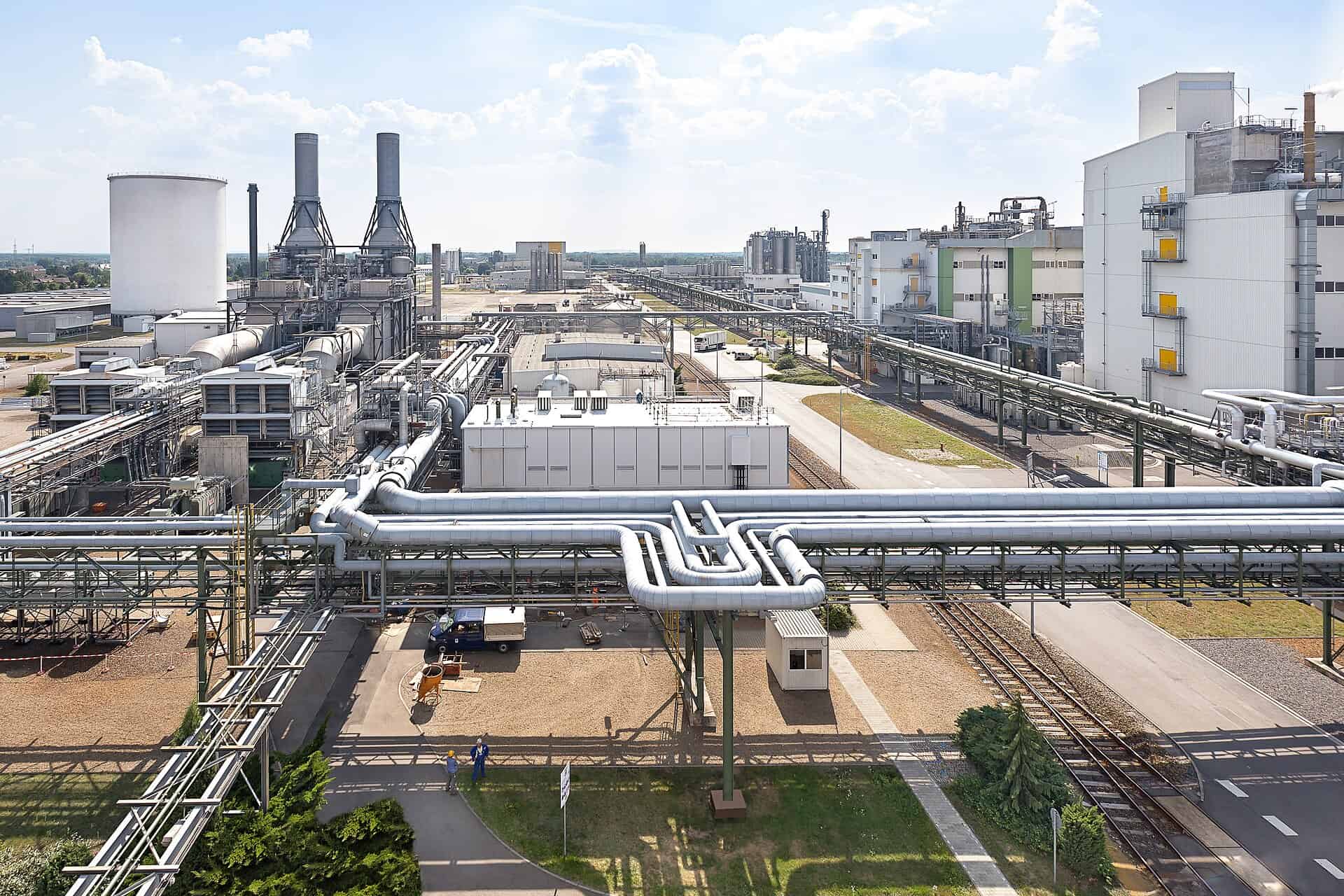 Process piping and structures at a chemical manufacturing plant
