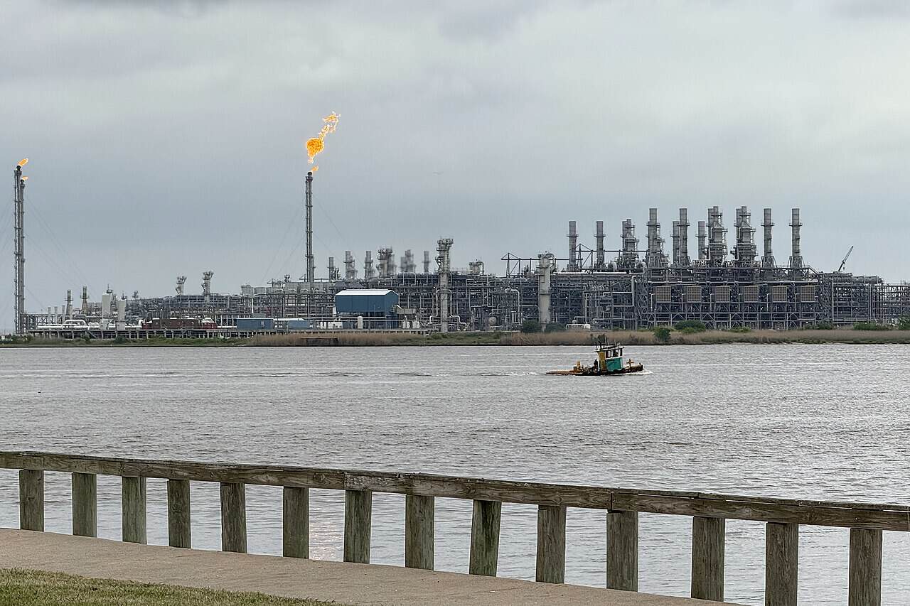 Storage tanks and liquefaction trains at a Cheniere LNG export terminal
