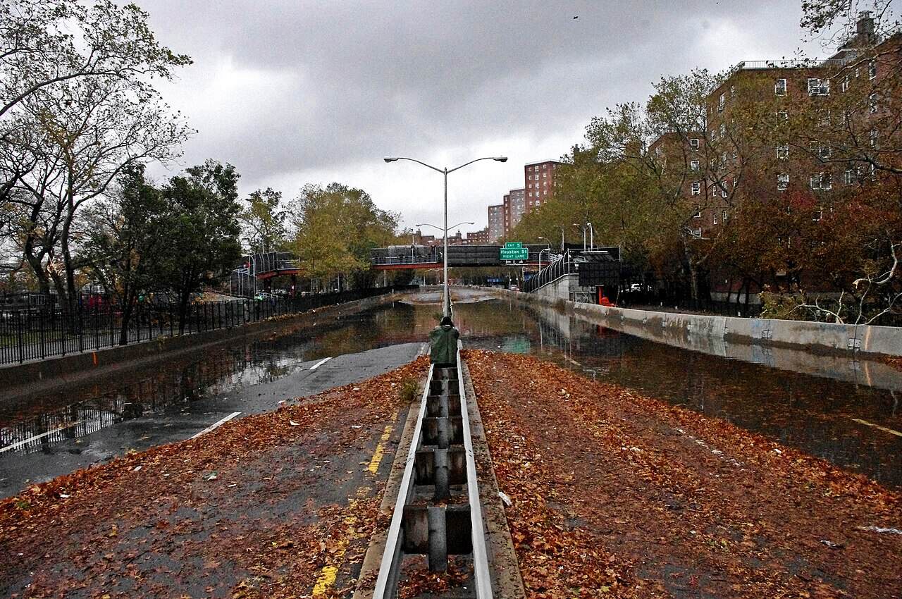 Floodwater covering FDR Drive in Manhattan after Hurricane Sandy