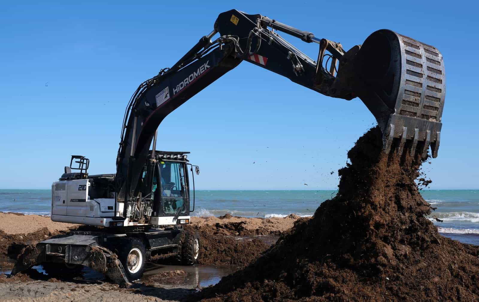 Tracked excavator moving material at a coastal worksite