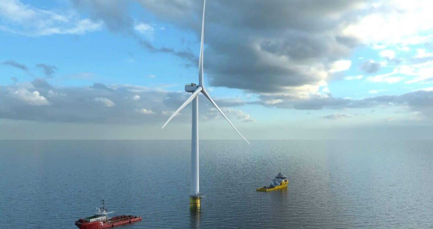 A single monopile foundation under tow for the Empire Wind 1 offshore wind farm