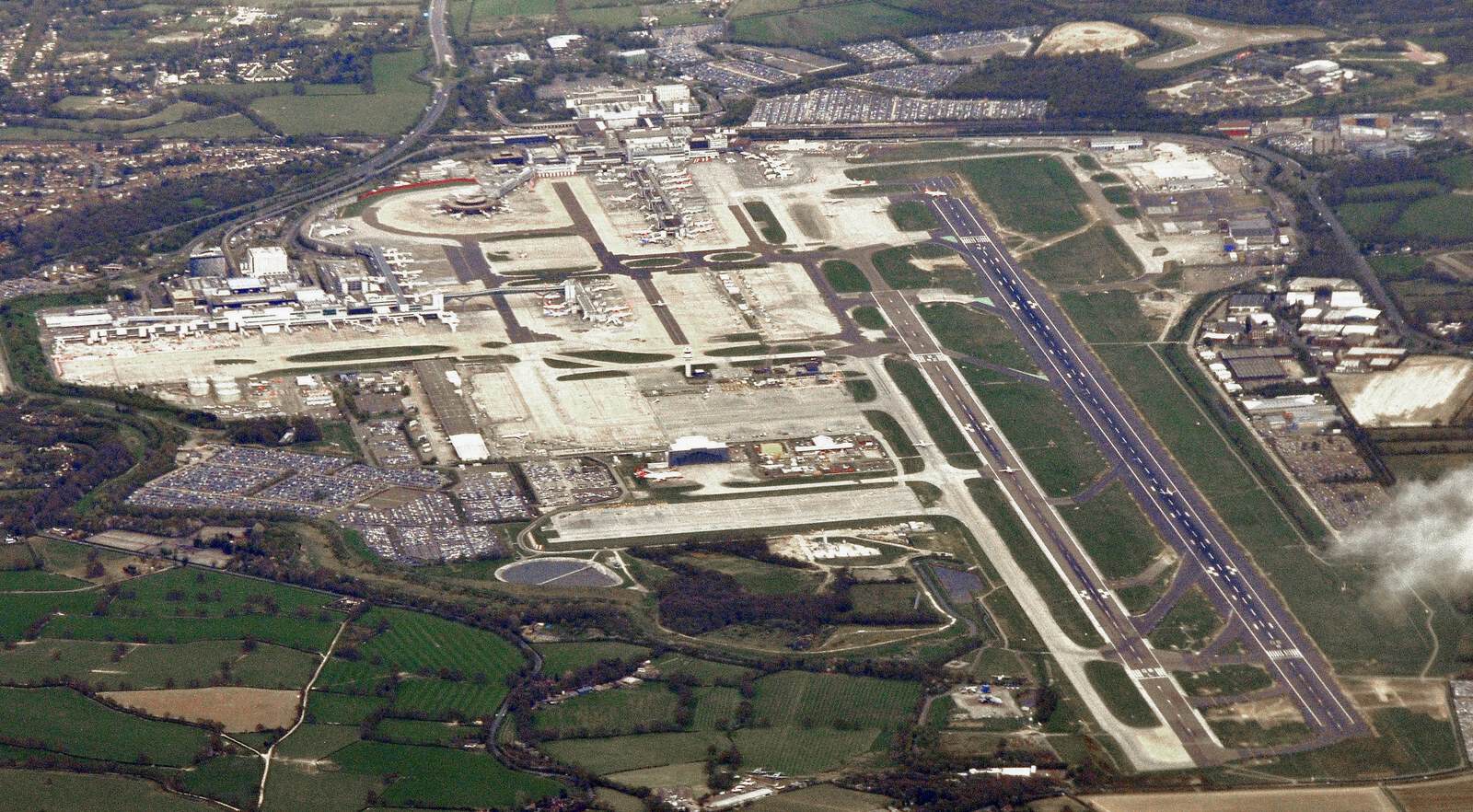 Aerial view of London Gatwick Airport showing the main and northern runways