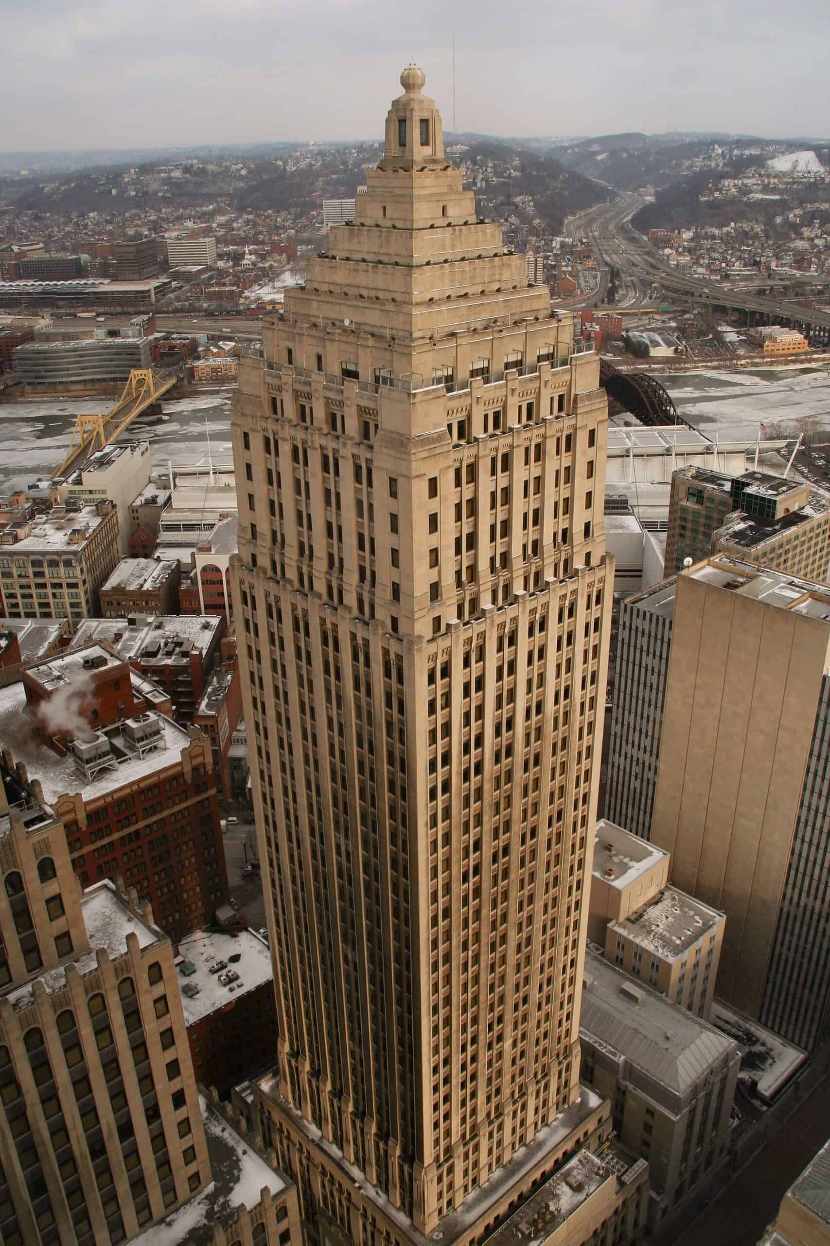Gulf Tower in downtown Pittsburgh seen from above in winter, showing its stepped Art Deco pyramid crown