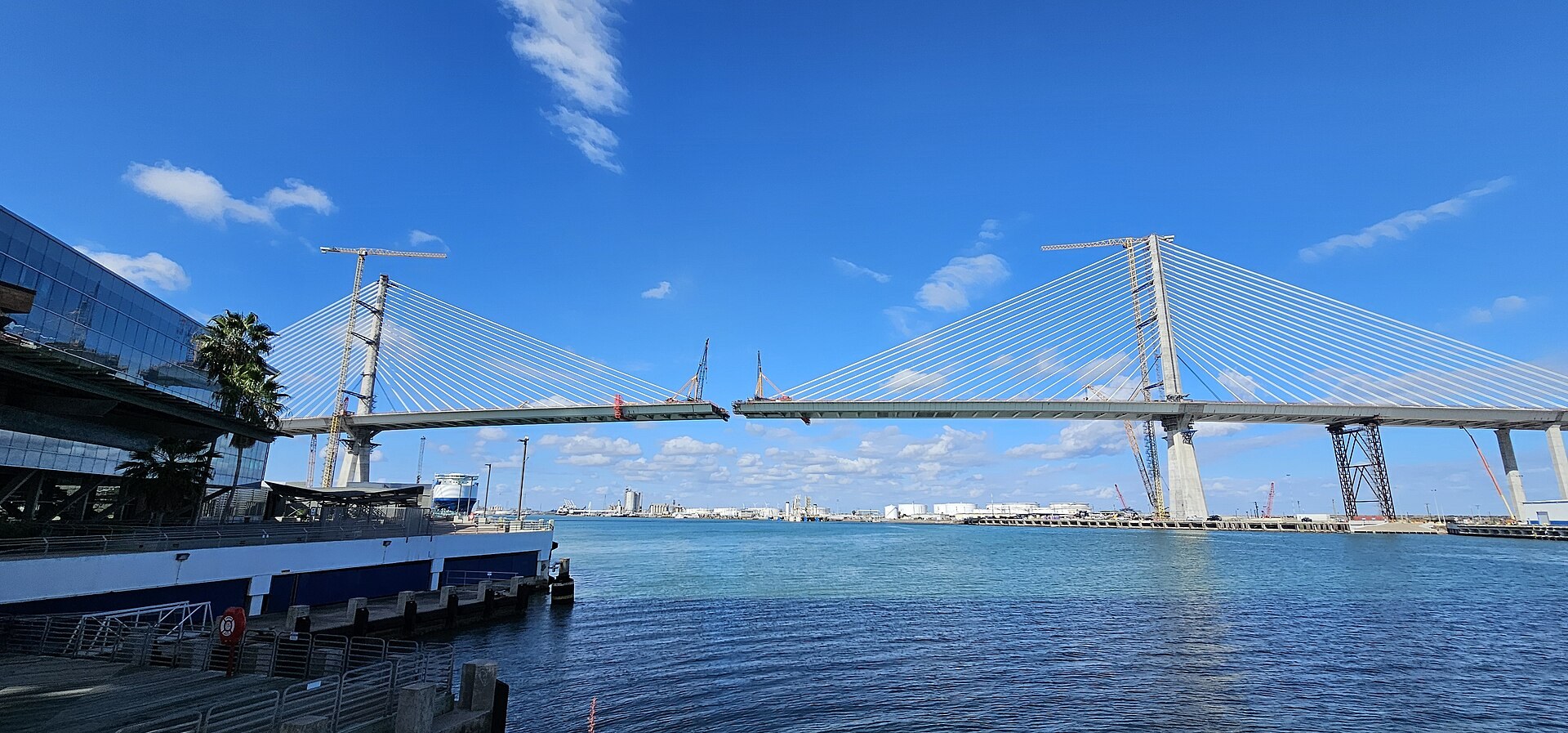 Cable-stayed main span of the new Harbor Bridge over the Corpus Christi Ship Channel, both pylons and the full cable fan visible