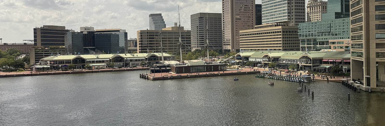 The Harborplace pavilions on Baltimore's Inner Harbor seen from the water
