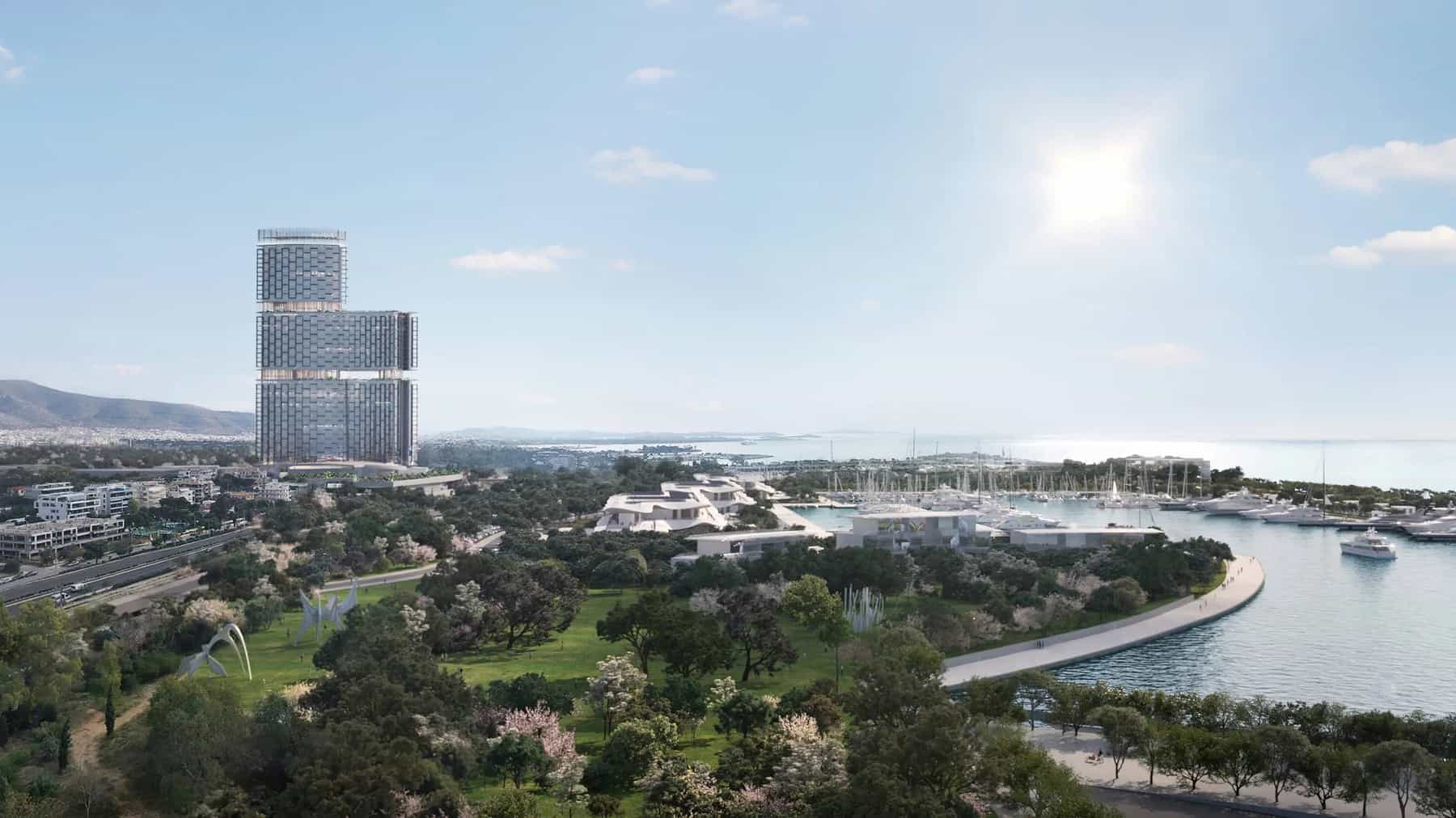 Aerial rendering of the Ellinikon development on the Athens Riviera showing the integrated resort tower and coastal park