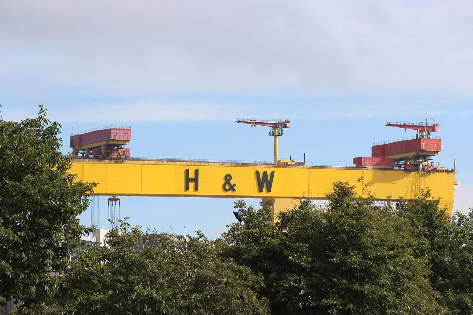 The Samson and Goliath gantry cranes over the main building dock at the Harland & Wolff shipyard in Belfast