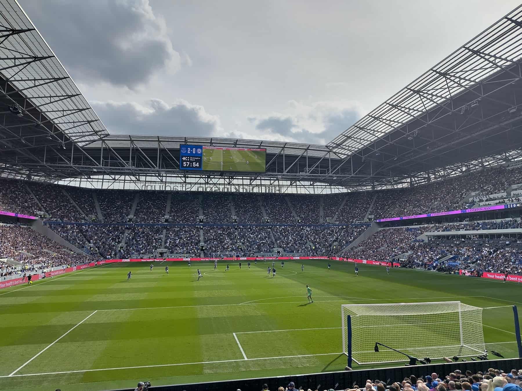 Interior bowl of Hill Dickinson Stadium, Liverpool, with a full crowd during a match