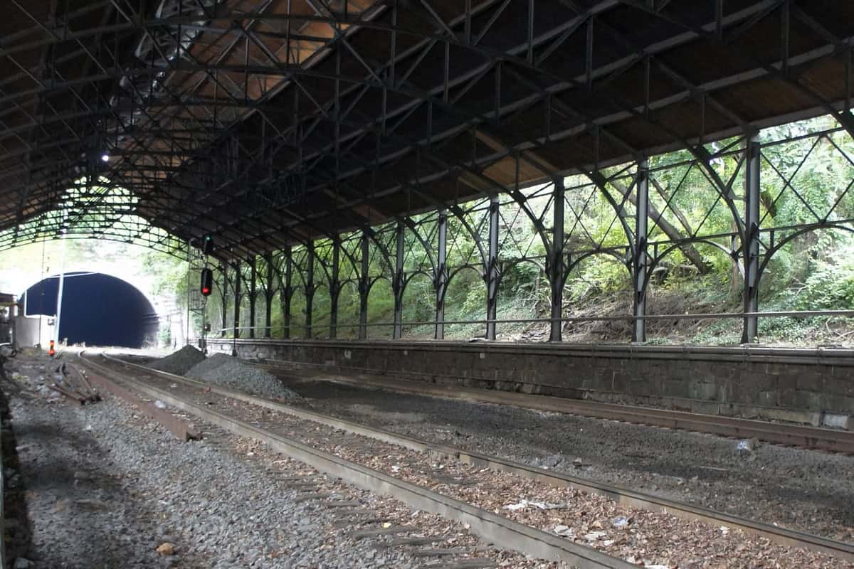 North portal of the Howard Street Tunnel seen from beneath the Mount Royal Station trainshed in Baltimore
