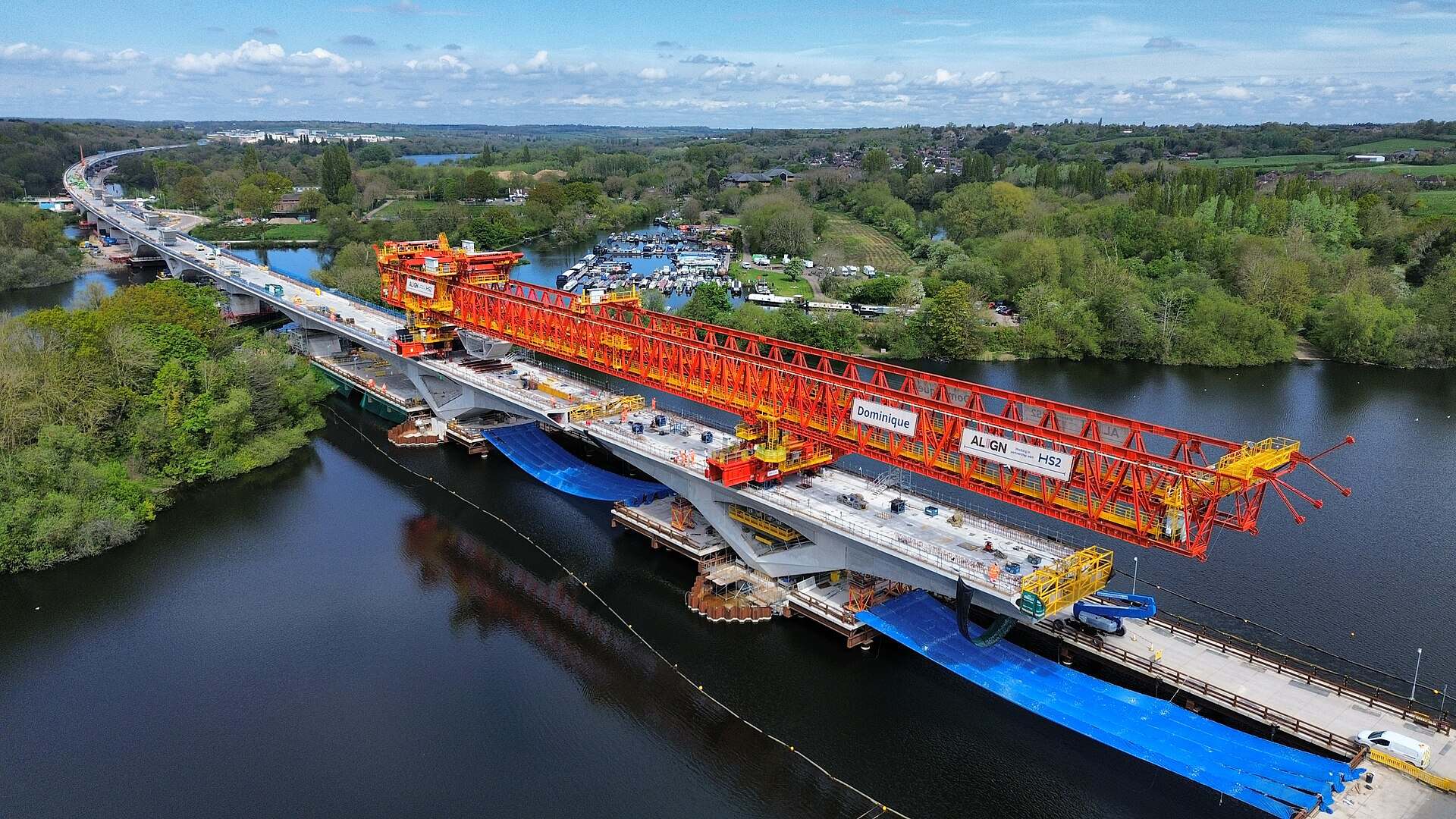 HS2's Colne Valley Viaduct under construction across a lake at Harefield