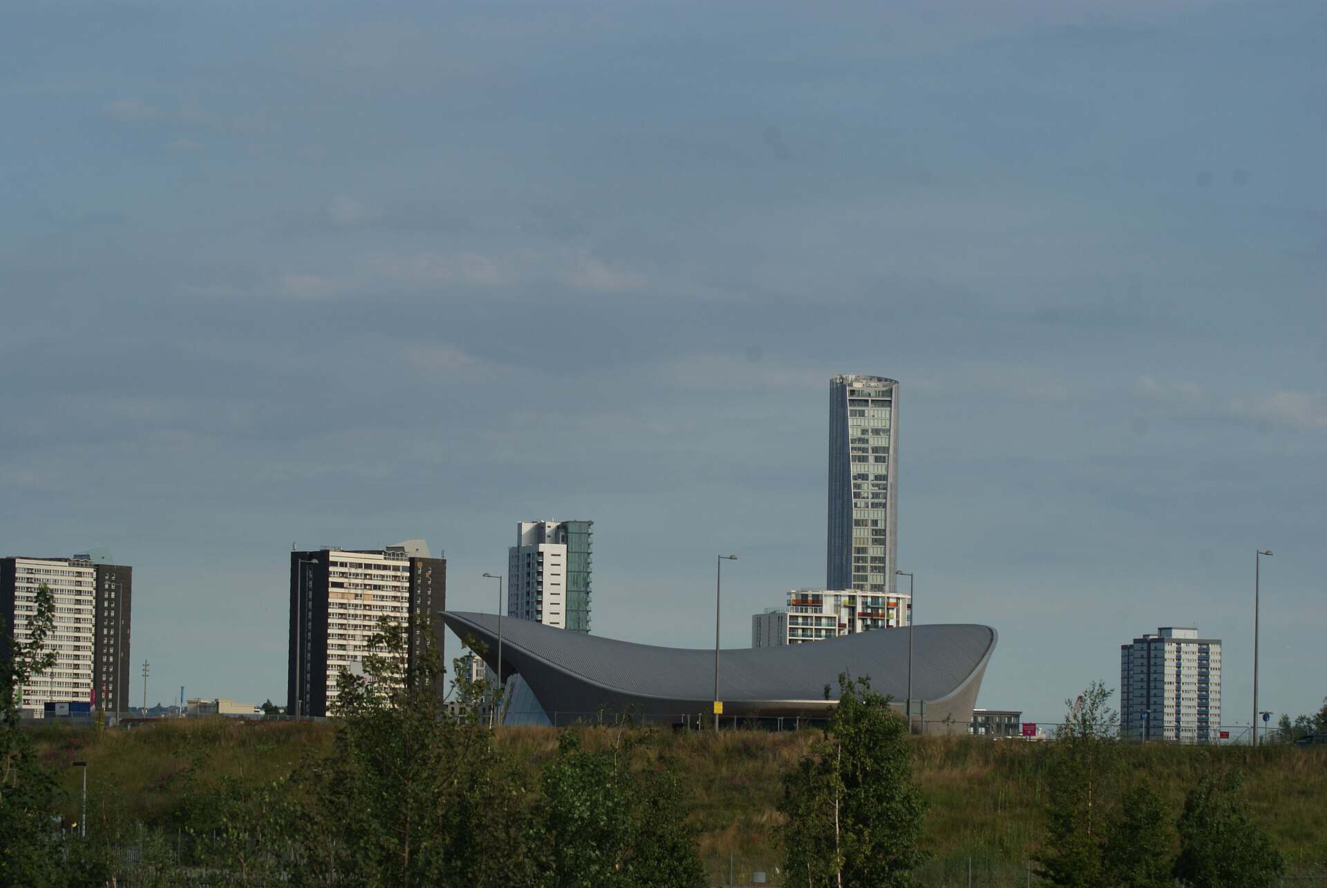 Lund Point and James Riley Point towers on the Carpenters Estate seen from Queen Elizabeth Olympic Park