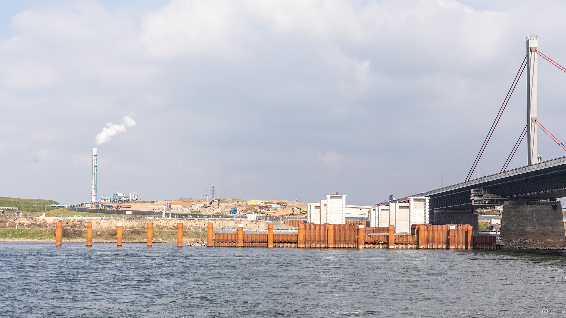 The new cable-stayed A1 Rhine crossing at Leverkusen under construction alongside the 1965 bridge it replaces