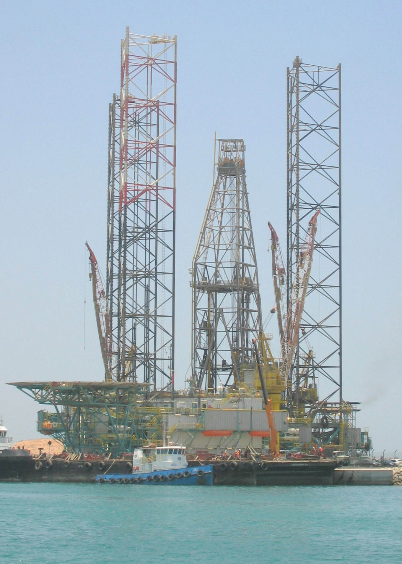 Jack-up drilling rig in port at Abu Dhabi, United Arab Emirates
