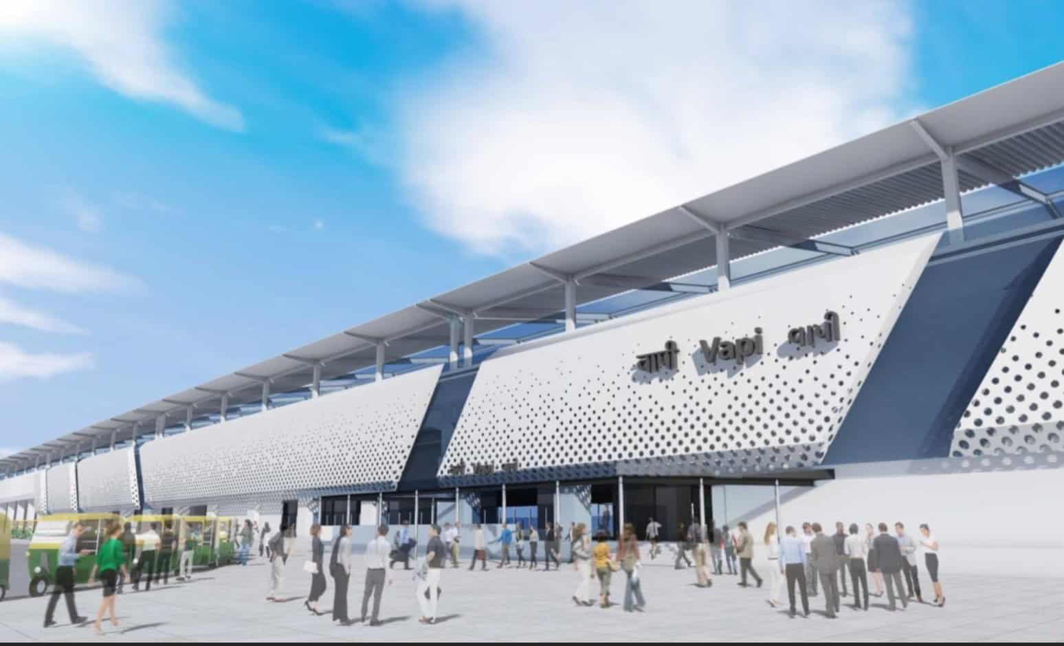 Vapi station on the Mumbai-Ahmedabad high speed rail corridor, showing the perforated facade and elevated concourse