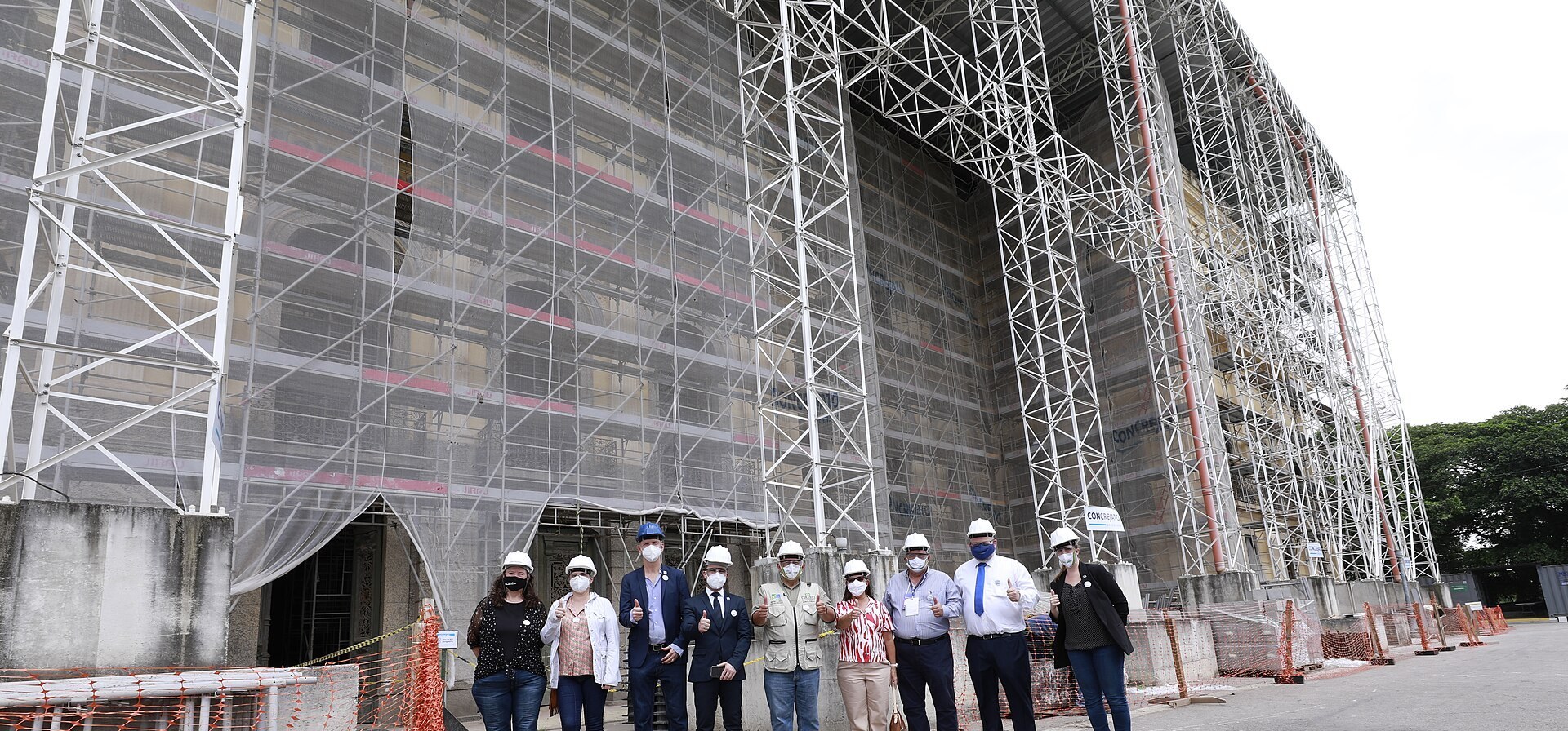 Projects Scaffolding and protective screening wrapped around the fire-damaged Museu Nacional palace during reconstruction in Rio de Janeiro, January 2022