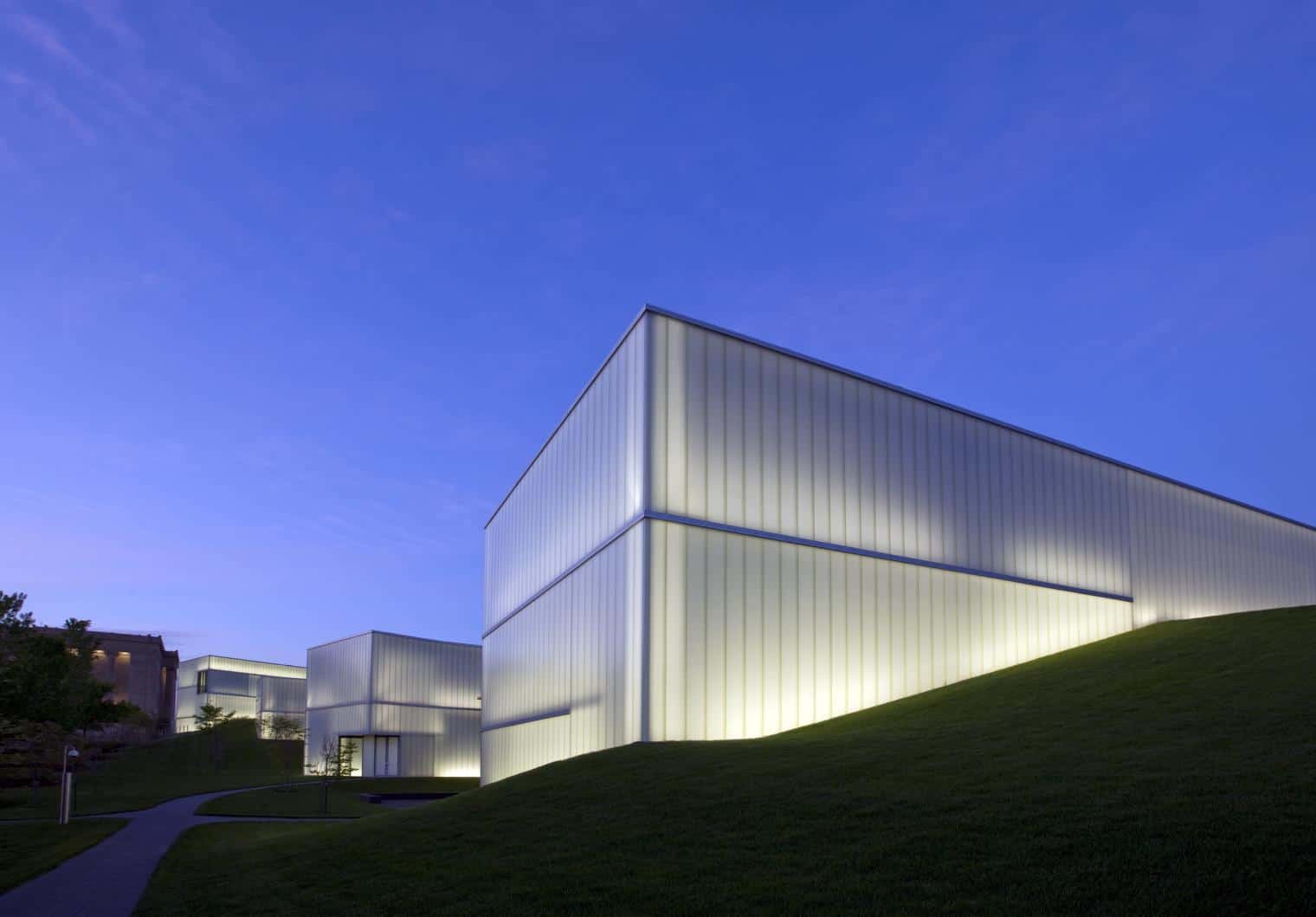 The illuminated glass lens of the Bloch Building at the Nelson-Atkins Museum of Art in Kansas City