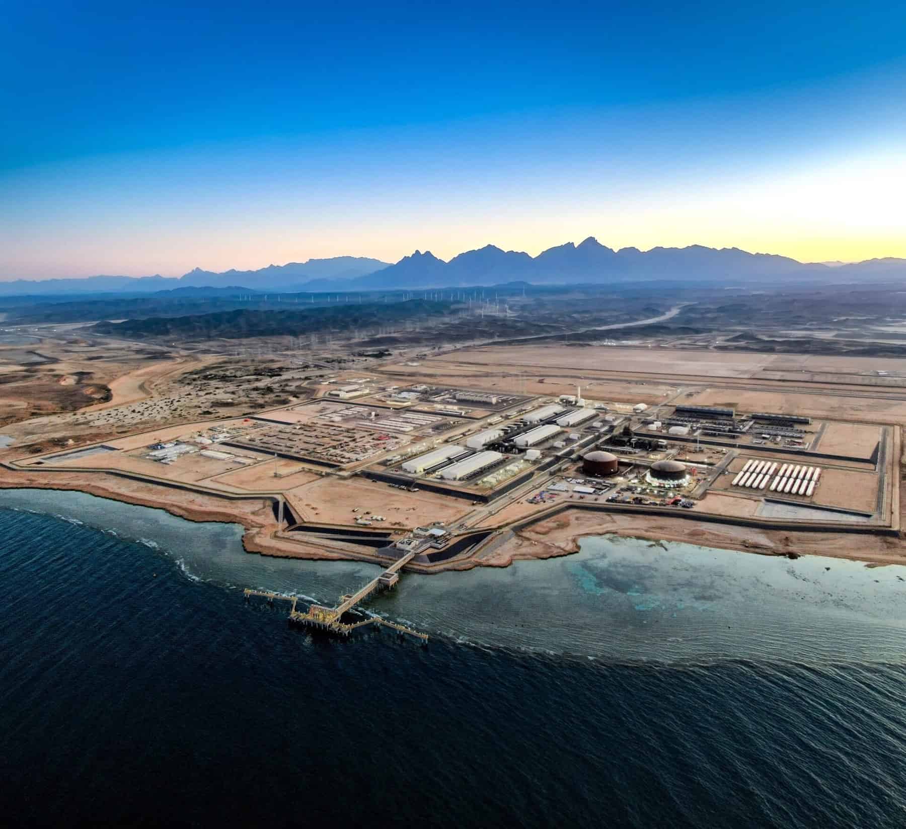 Aerial view of the NEOM Green Hydrogen Complex under construction on the Red Sea coast at Oxagon