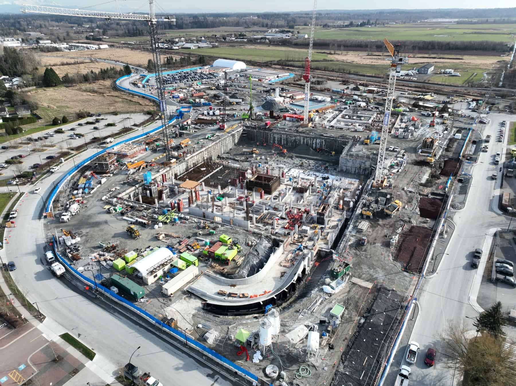 Aerial view of the new Surrey hospital and BC Cancer Centre site under construction in Cloverdale