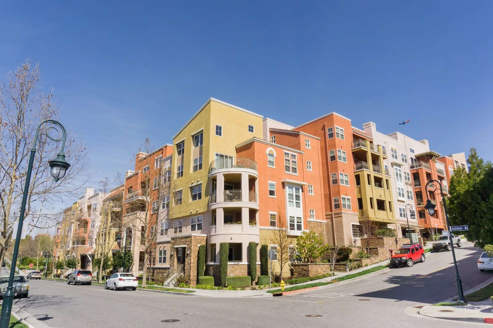 Low-rise apartment buildings on a residential street