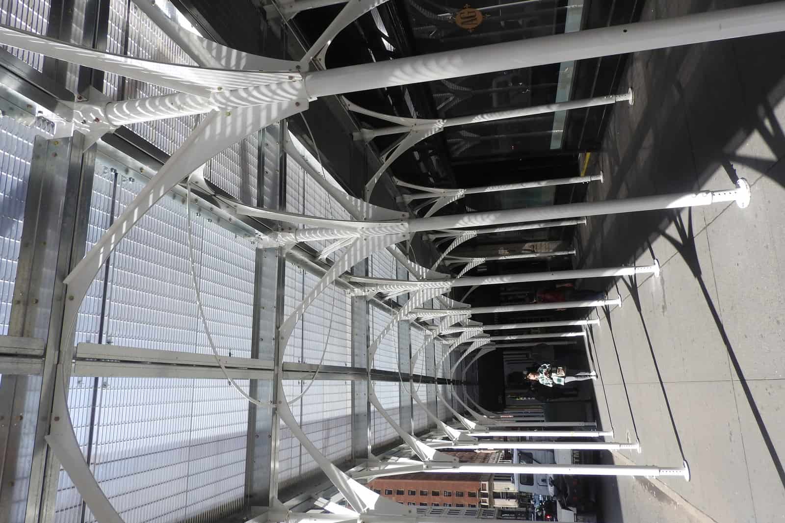 Interior of a sidewalk shed frame at a Manhattan construction site
