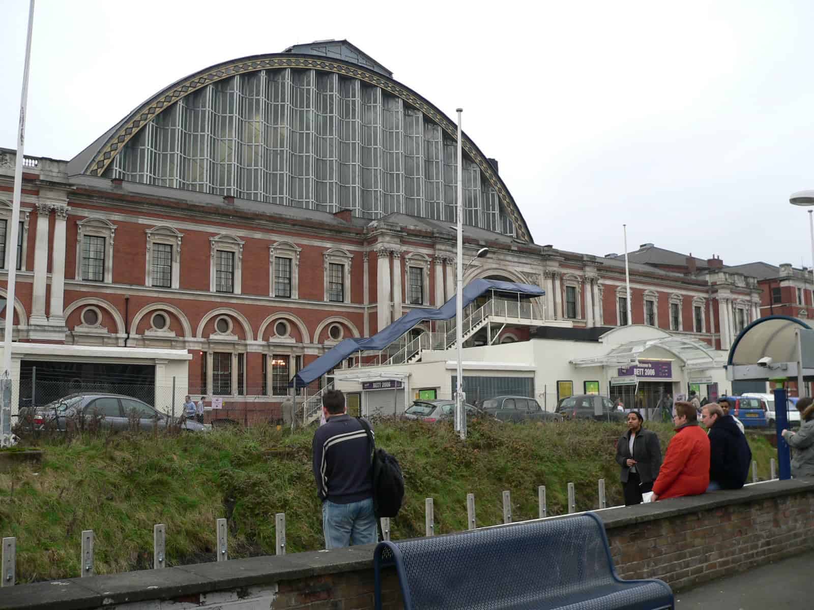 The Olympia exhibition halls on Hammersmith Road seen from Kensington Olympia station
