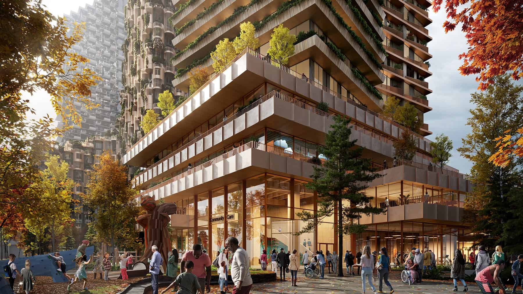 Street-level rendering of the Quayside development in Toronto showing terraced timber-framed buildings and a planted public realm