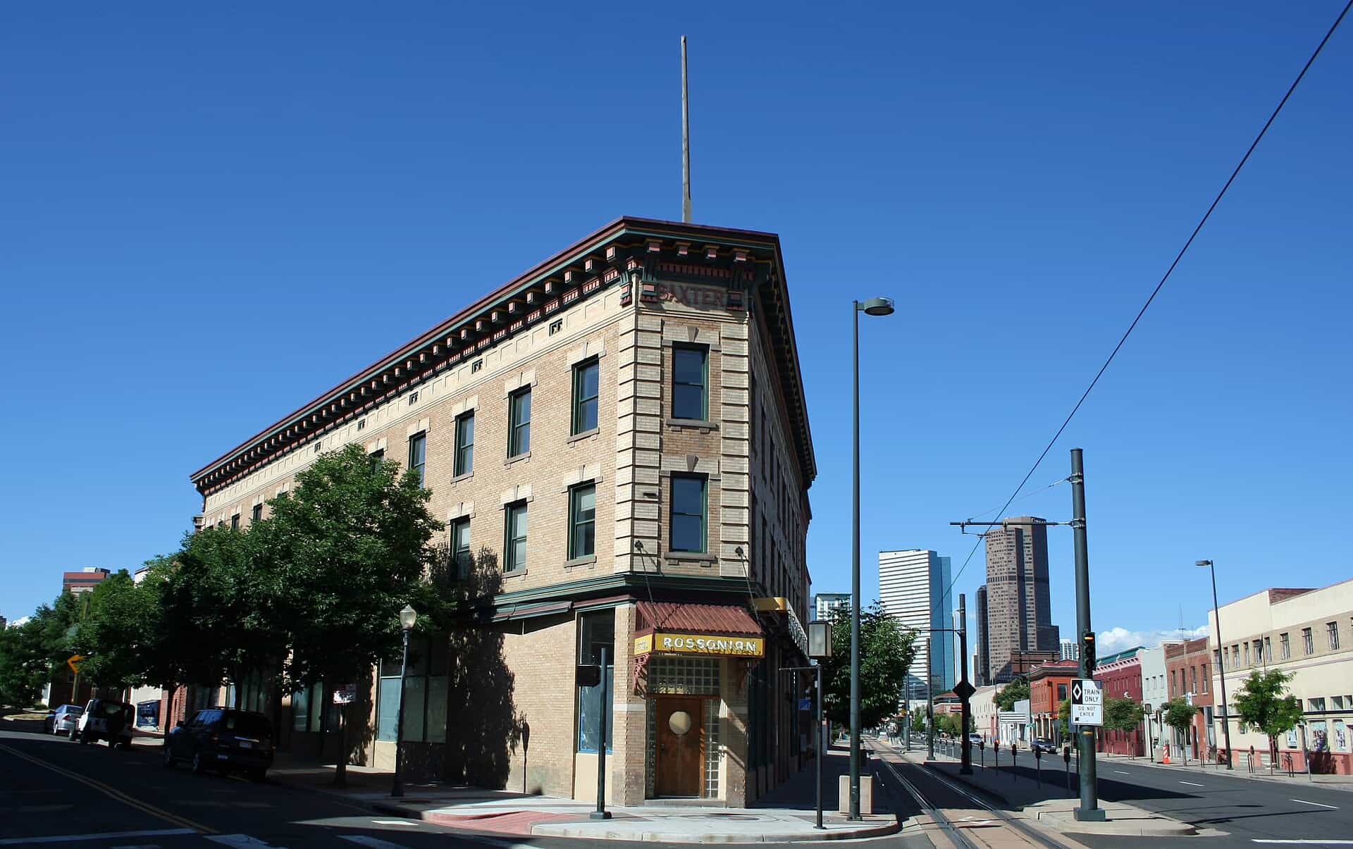 Three-story brick corner building of the Rossonian Hotel on Welton Street in Denver's Five Points neighborhood