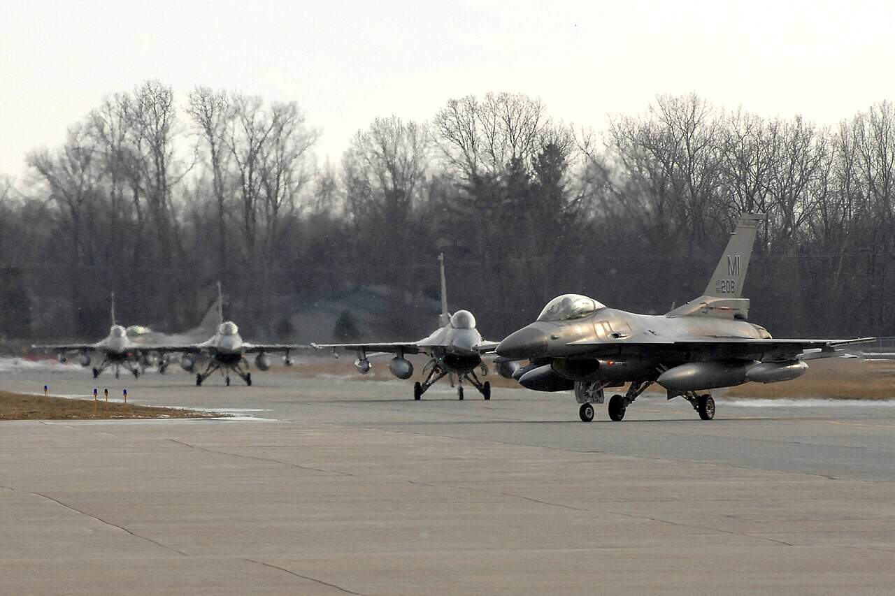 F-16 aircraft on the flight line at Selfridge Air National Guard Base, Michigan