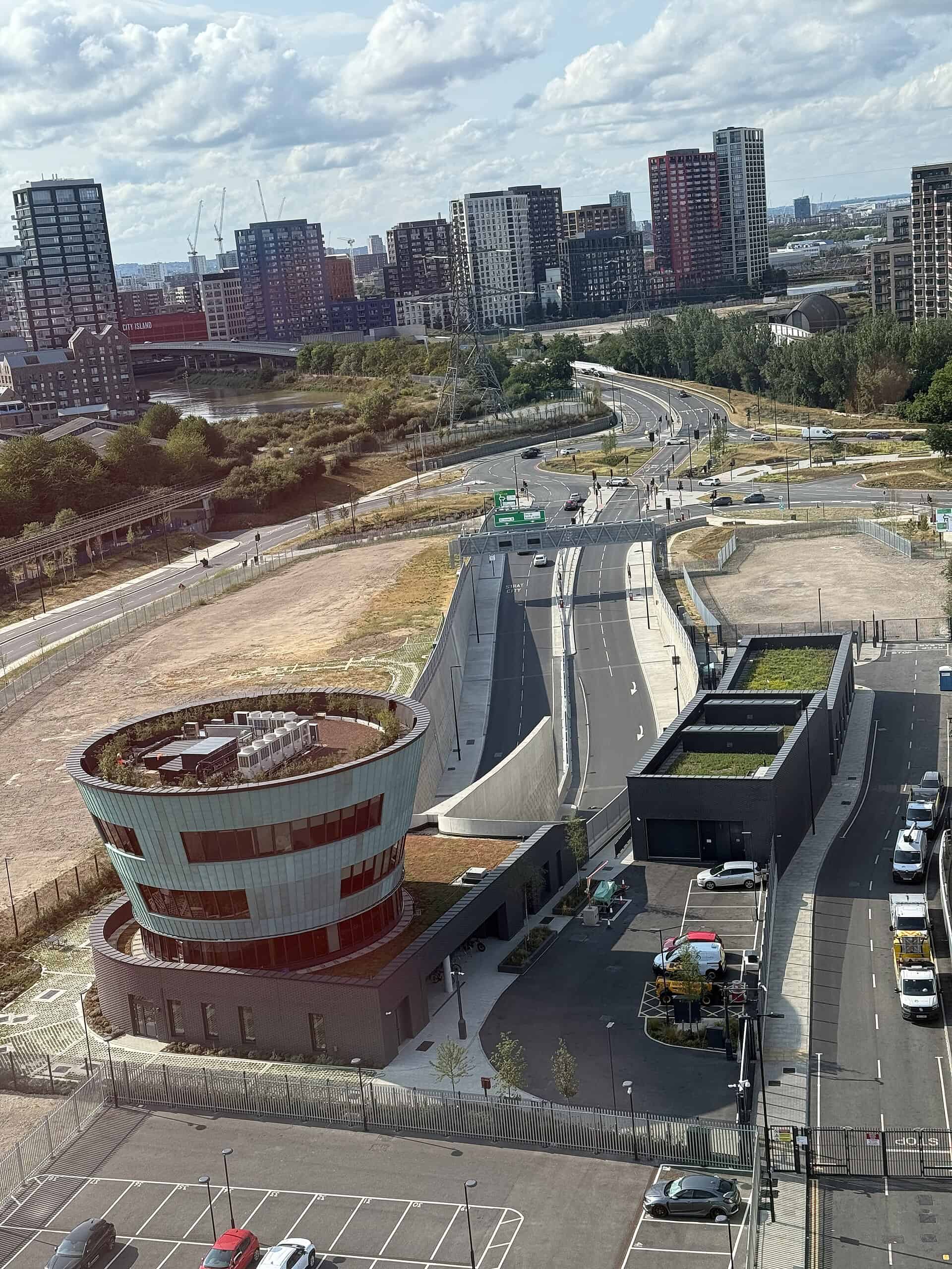 The Silvertown Tunnel portal and approach road beside the Thames, seen from the London cable car
