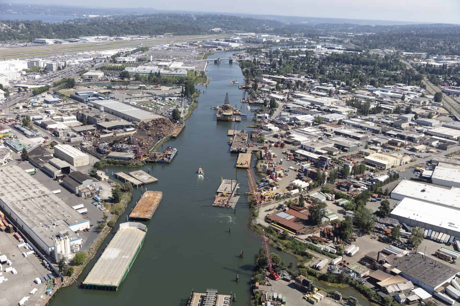 Aerial view of Seattle with the Duwamish Waterway running through the industrial district