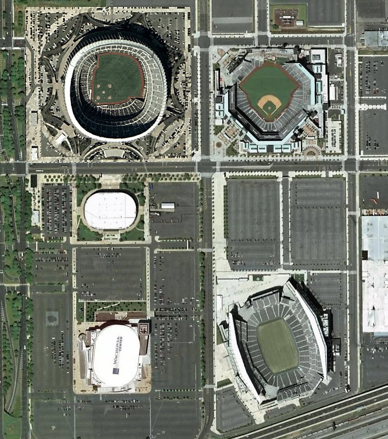 Aerial view of the South Philadelphia Sports Complex where the new arena is proposed