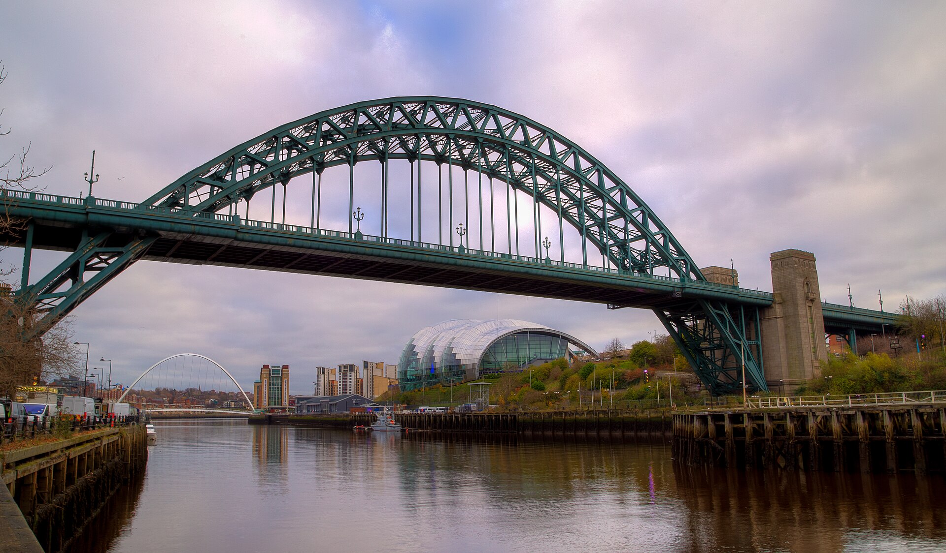 The Tyne Bridge seen from the Gateshead quayside, its 162-metre steel arch spanning the River Tyne