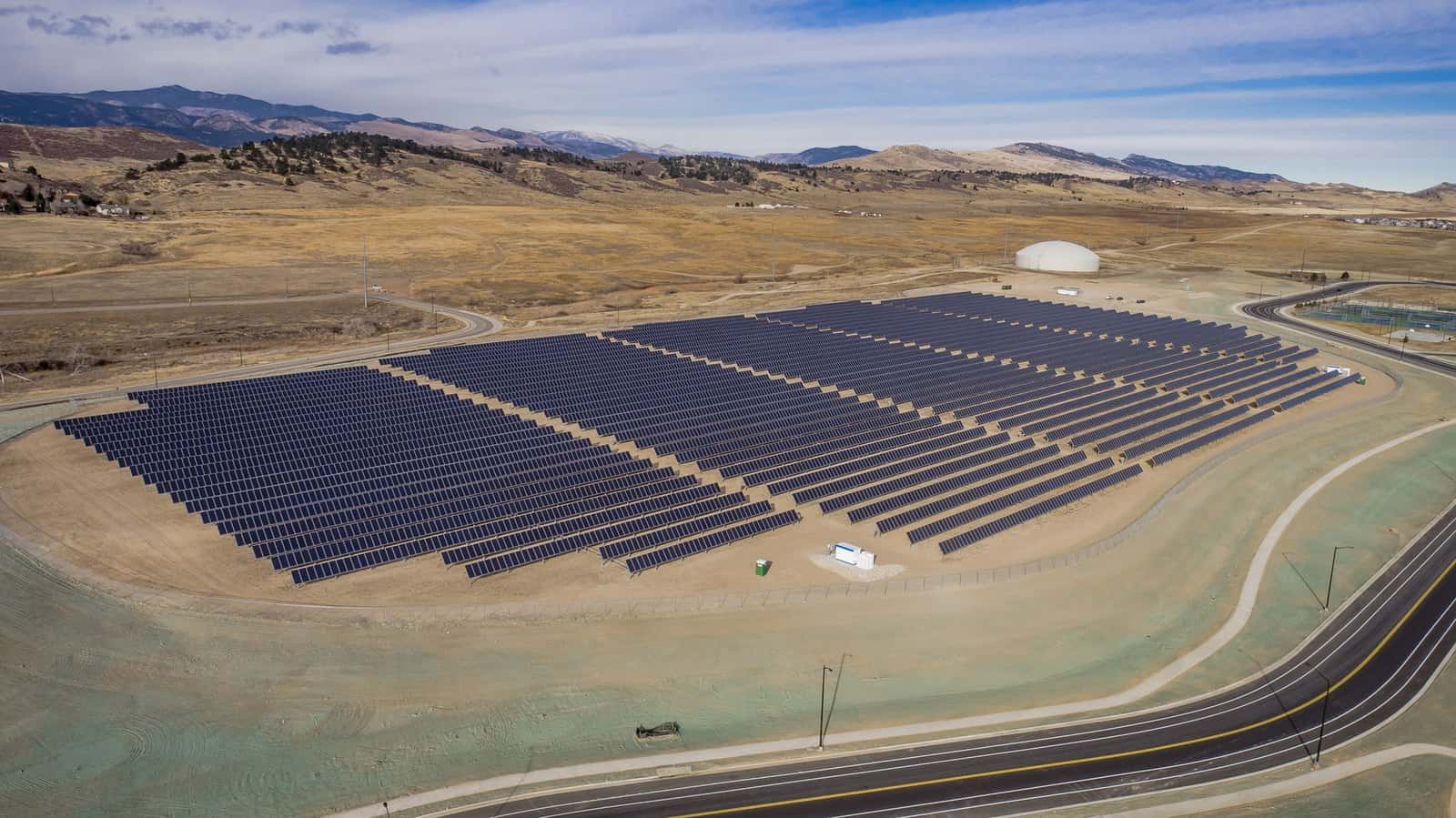 Aerial view of a utility-scale photovoltaic array in the western United States