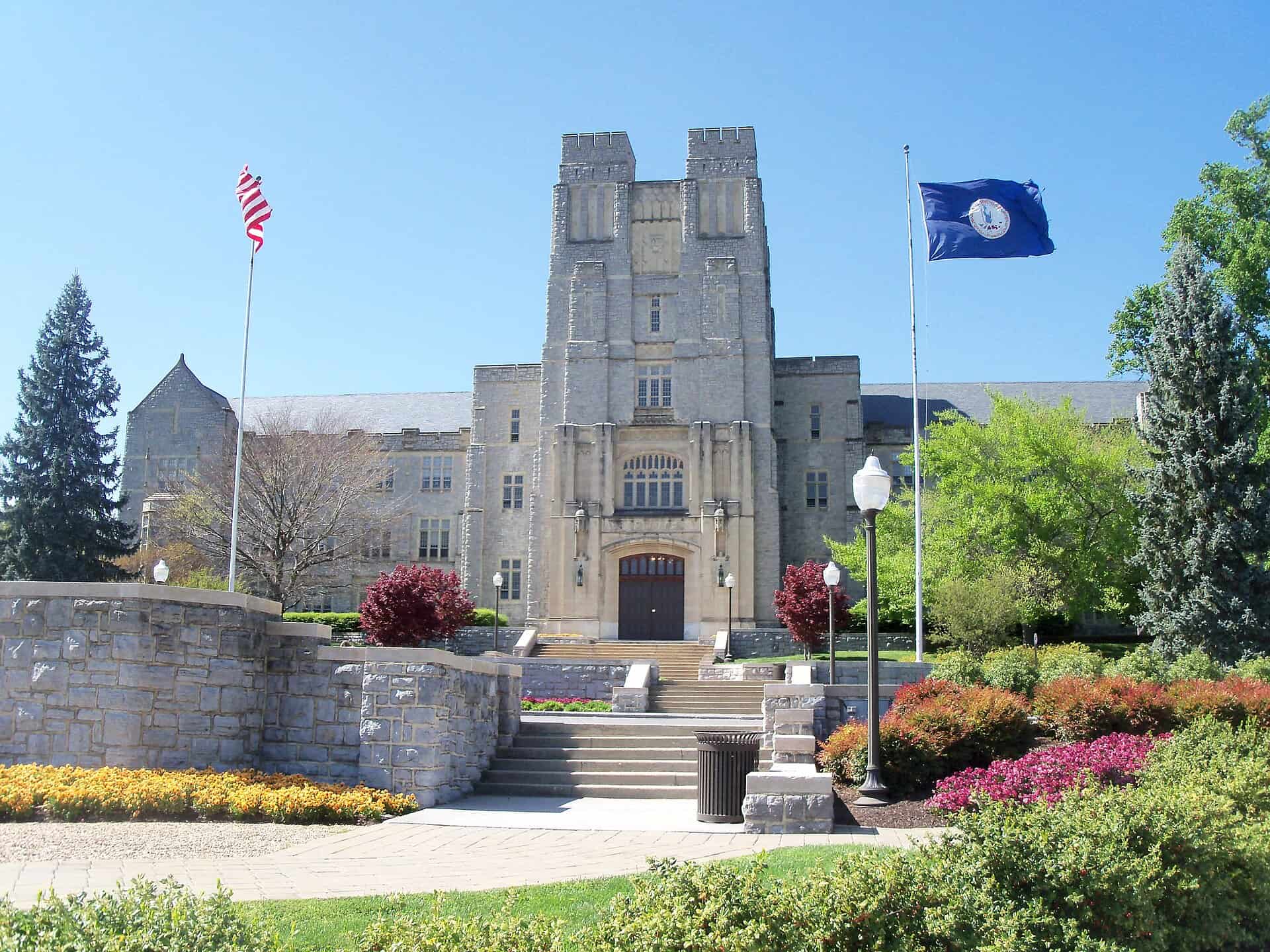 Burruss Hall, the stone administration building on the Virginia Tech campus in Blacksburg, Virginia