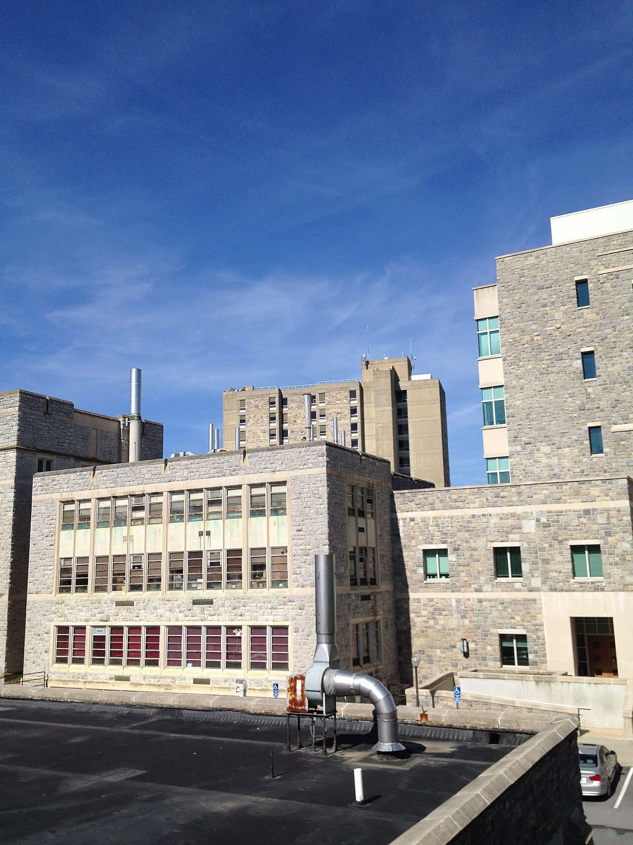 Stone academic buildings on the Virginia Tech campus in Blacksburg