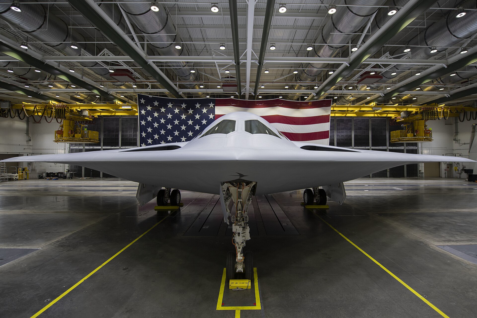 B-21 Raider inside a hangar at Air Force Plant 42 in Palmdale, California