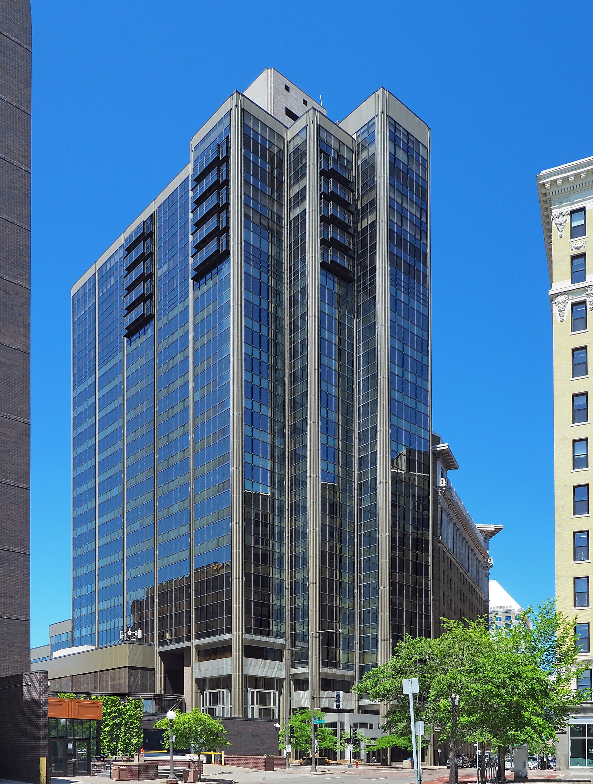 Landmark Tower, the former Amhoist Tower, at 345 St. Peter Street in downtown Saint Paul, seen from the southeast in June 2023