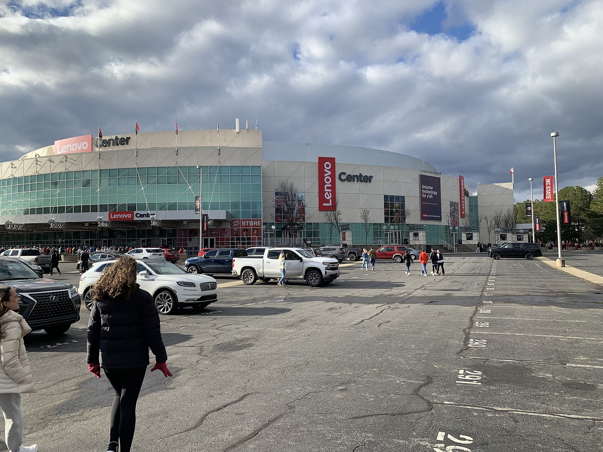 Exterior of Lenovo Center in Raleigh seen from the parking lot, January 2025