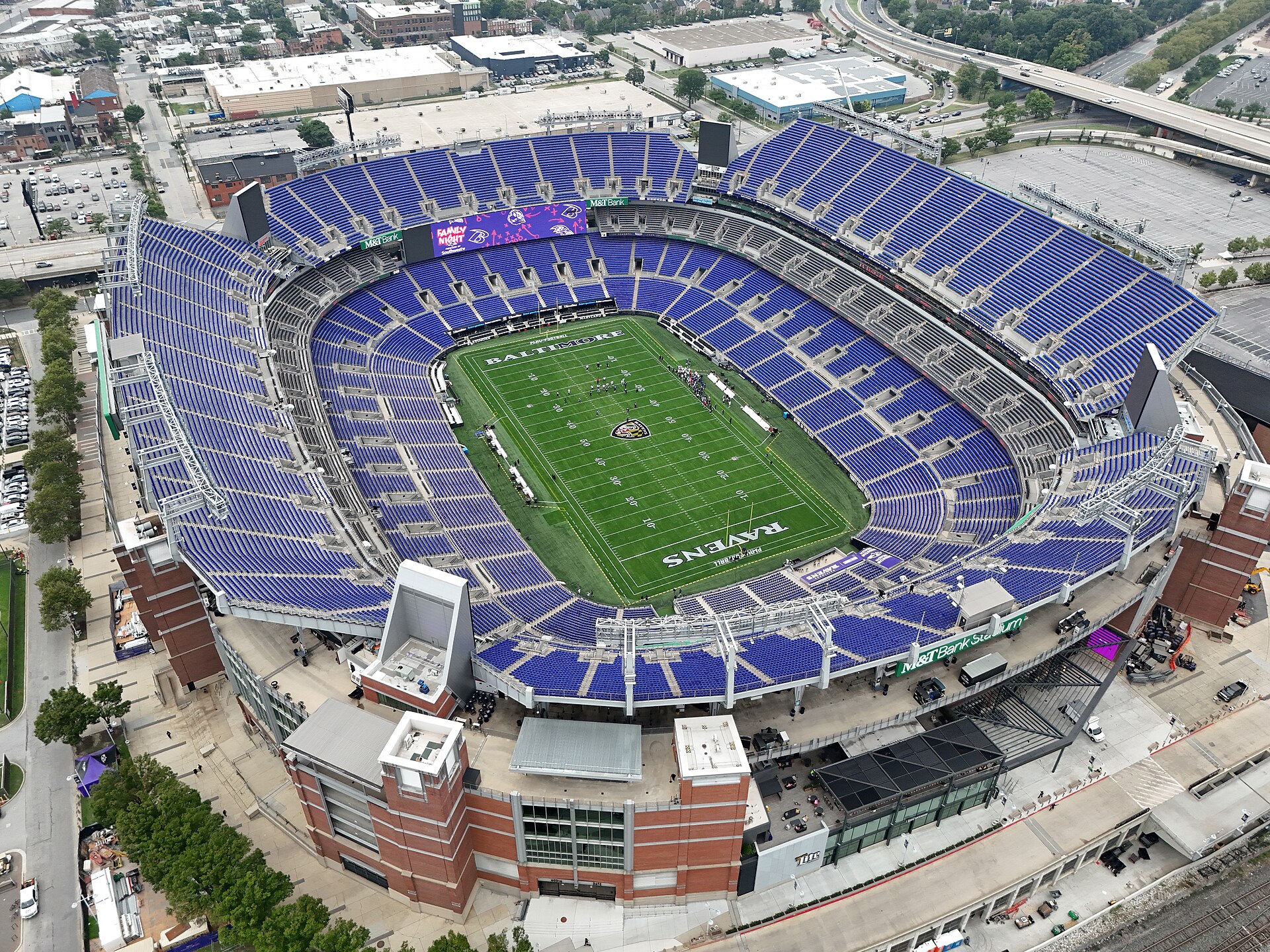 Aerial view of M&T Bank Stadium in Baltimore in August 2025, showing the full seating bowl and north entrance